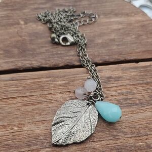 Delicate Leaf Necklace with Aqua and Rose Beads - Women Jewelry 20 Inch N3930